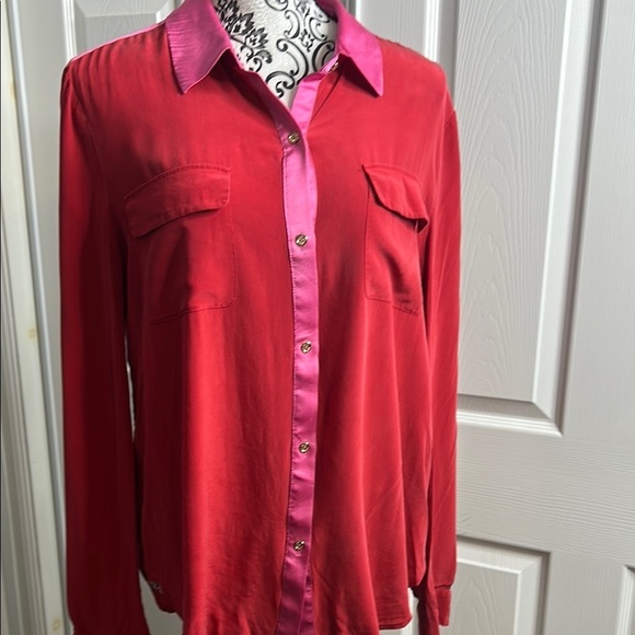 Juicy Couture Red and Pink Button Down Shirt with Collar Large 100% Silk - Picture 1 of 5